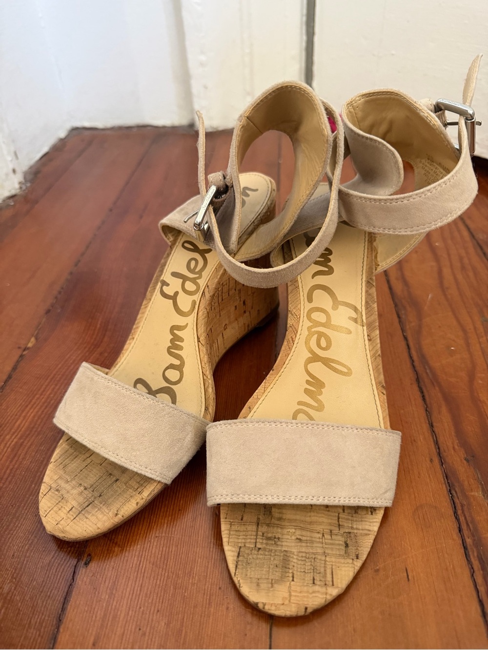 Sam Edelman Neutral Suede Cork Wedge Sandals with Ankle Strap